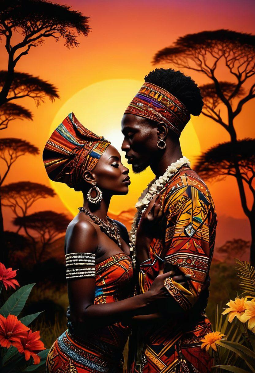 A vibrant scene capturing the essence of African culture with traditional colors and patterns, showcasing a couple engaged in intimate flirtation, surrounded by elements like tribal masks, exotic flowers, and instruments that evoke rhythm and passion. The background should feature silhouettes of African landscapes during sunset to enhance the romantic atmosphere. super-realistic. vibrant colors. cultural fusion.